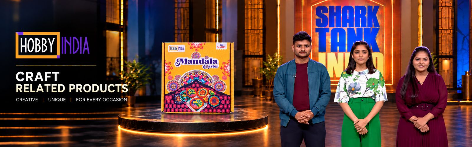 Hobby India — craft related products. A Mandala Coaster kit on display beside the Hobby India team.