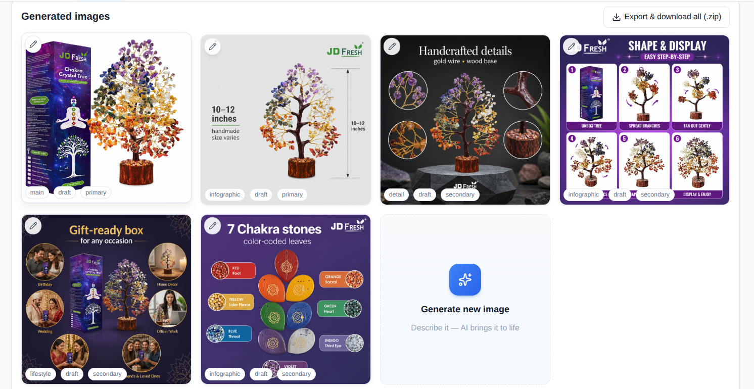 Listing Studio generated product image set including packaging, infographic and lifestyle shots for a product listing